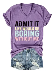 T-shirt femme col V manches courtes violet mode décontracté imprimé lettre haut basique