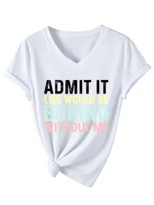 Femme casual manches courtes col V slogan imprimé t-shirt blanc top détail vue mode