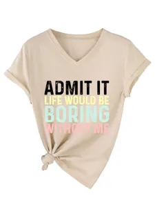 T-shirt Femme Col V Manches Courtes Beige Nœud Casual Haut avec Impression de Lettres