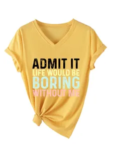 Détail avant d'un t-shirt jaune col V à manches courtes avec imprimé et nœud bas.