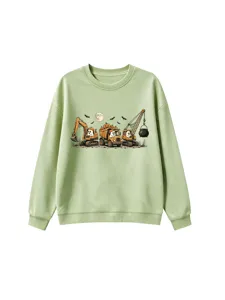 Felpa a maniche lunghe verde chiaro con stampa di fantasmi ed escavatori di Halloween per l'autunno.
