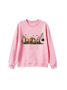 Moda felpa rosa per bambini con simpatica stampa di scavatrice e fantasmi di Halloween.