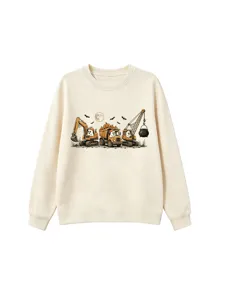 Felpa casual carina per bambini con grafica di scavatrice e fantasmi per autunno inverno.
