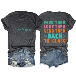 Gedetailleerd overzicht casual dames korte mouw t-shirt met grappige quote op de rug.