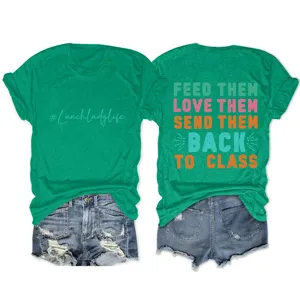 Vrouwen groene korte mouw t shirt casual zomer top met grappige slogan print en denim shorts.