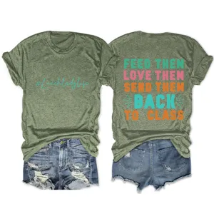 Casual dames korte mouw ronde hals grafisch t-shirt met grappige opdruk en denim shorts.