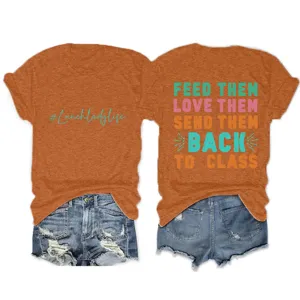 Gedetailleerd overzicht van het casual oranje shirt met korte mouwen en denim korte broek.