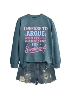 Completo donna felpa casual a maniche lunghe e pantaloncini in denim con stampa slogan alla moda.