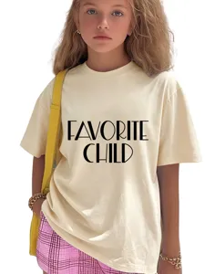 Detailed view of the casual loose fit short sleeve kids t-shirt with letter print design.