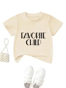 Detail shot of beige kids short sleeve t-shirt with letter print, casual cotton child top.