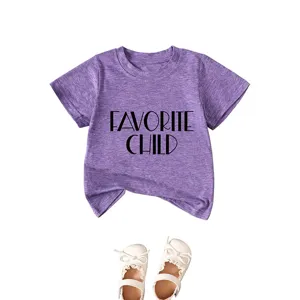 Purple heather short-sleeve children t-shirt with favorite child text and white baby shoes.