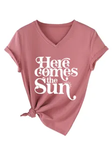 Damen V-Ausschnitt Kurzarm T-Shirt Freizeit Sommer Rosa Oberteil mit Buchstabendruck