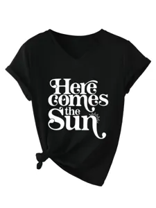 Schwarzes Damen V-Ausschnitt Kurzarm T-Shirt mit Retro-Grafikdruck und modischem Knotensaum.