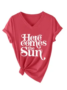 Rotes Damen V-Ausschnitt Kurzarm T-Shirt mit Grafikdruck und Knotendetail lässiges Top.