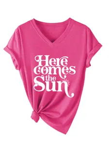 Lässiges Damen V-Ausschnitt Kurzarm T-Shirt mit modischem Print und stylischem Knoten-Saum für Alltag.