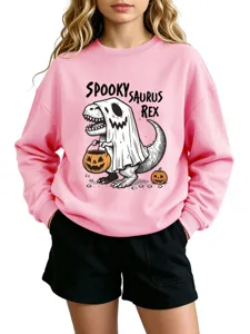Pink spooky saurus rex print sweatshirt detail view, cute dinosaur halloween graphic top.