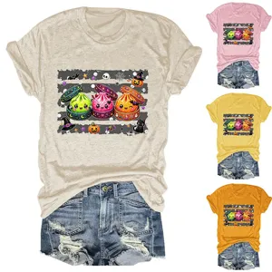 Lässiges Halloween süßes Brötchen Print Kurzarm Rundhals T-Shirt Detailansicht und Farboptionen.