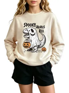 Cozy beige sweatshirt featuring a spooky dinosaur ghost graphic for autumn and winter styles.