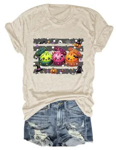 Modisches lässiges Halloween süßes Kürbis Print Damen Rundhals Kurzarm T-Shirt Top.