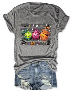 Lockerer grauer Damen Kurzarm T-Shirt mit niedlichem Halloween Dim Sum Grafik Druck.