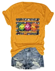 Damen Halloween süße Cartoon Teigtaschen Print Rundhalsausschnitt Kurzarm gelbes T-Shirt