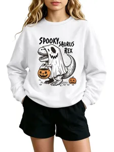 Halloween spooky saurus rex print white sweatshirt detail view, soft cotton blend fabric.