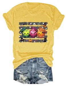 Süßes Halloween Knödel Grafik Druck Rundhalsausschnitt Kurzarm gelbes T-Shirt für Damen casual