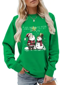 Felpa girocollo con stampa natalizia da donna, elegante top verde a maniche lunghe caldo.
