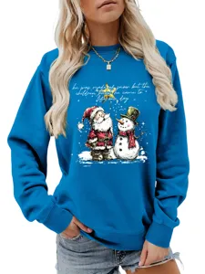 Felpa blu stampata Babbo Natale pupazzo di neve donna elegante maglia maniche lunghe