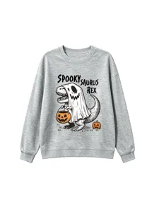 Detailed view of the cute Halloween T-Rex ghost graphic printed on the cozy gray sweatshirt.