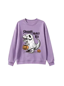 Detailed view of children's purple long-sleeve sweatshirt with funny Halloween dinosaur ghost print.