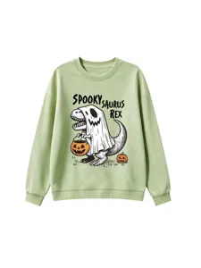 Green spooky saurus rex kids sweatshirt cute dinosaur halloween pullover top for autumn