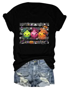 Schwarzes Damen Kurzarm T-Shirt mit niedlichem Halloween Knödel Grafikdruck Design.