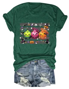 Damen Halloween Süße Dumpling Grafik Kurzarm Rundhalsausschnitt T-Shirt Grüne Tops