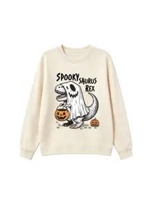 Spooky Saurus Rex kids Halloween sweatshirt, casual crewneck pullover detail display.