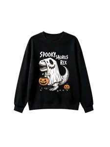 Detailed view of black Halloween sweatshirt featuring spooky dinosaur graphic with pumpkin.