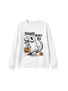 Halloween Spooky Saurus Rex Dinosaur Print Long Sleeve White Kids Sweatshirt Casual Top