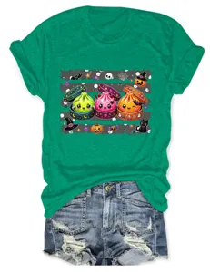 Lässiges grünes Kurzarm T-Shirt mit niedlichem Halloween Kürbis und Dumpling Grafikprint Damen.