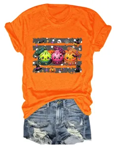 Oranger Halloween süßer Knödel Druck Kurzarm Rundhals lässiges Damen T-Shirt Oberteil