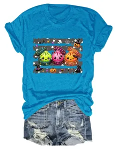Niedliches Halloween Knödel Grafik lässiges Rundhals blaues Kurzarm T-Shirt für Damen.