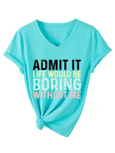 Vue détaillée du t-shirt turquoise col V manches courtes avec citation et nœud chic.