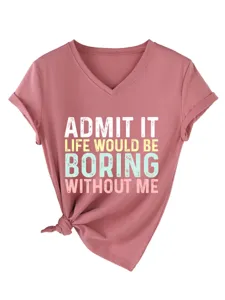 T-shirt décontracté pour femme à col en V et manches courtes avec imprimé slogan et nœud.