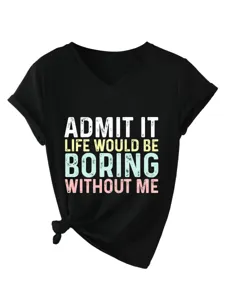 Gros plan detail du produit t-shirt femme casual col V manches courtes avec slogan.