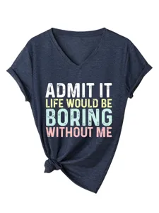 Vue détaillée du t-shirt à manches courtes et col V pour femme avec imprimé drôle.