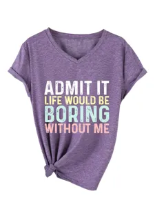 T-shirt graphique femme col V manches courtes avec impression de slogan et detail de noeud bas.