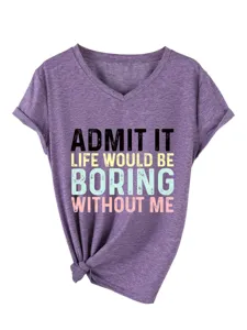 T-shirt femme violet à col V et manches courtes avec impression de lettres amusantes.