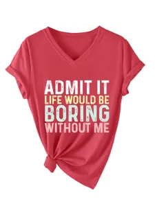 T-shirt femme rouge col V manches courtes vue détaillée avec impression de lettres