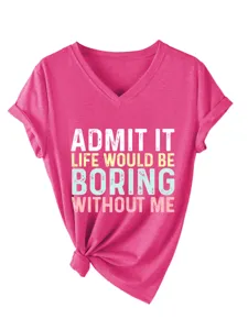 T-shirt femme rose col V manches courtes mode casual haut avec impression de slogan.