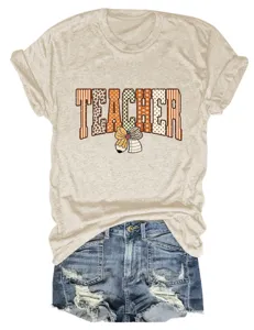 Leraar grafisch t-shirt detail, schattige potlood strik print, casual korte mouw top.