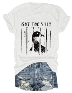 Casual white short sleeve t-shirt with funny duck graphic detail, paired with denim shorts.
